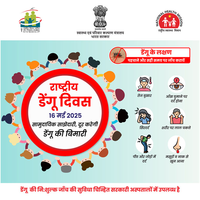 डेंगू के लक्षण दिखे तो लापरवाही न बरतें, यह जानलेवा भी हो सकता है, तुरंत खून की जांच कराएं और डॉक्टर से परामर्श लें।बुखार के दौरान आराम करें और भरपूर मात्रा में तरल पदार्थ लें, डेंगू की जाँच चिन्हित सरकारी अस्पतालों में नि:शुल्क उपलब्ध है।
सतर्क रहें, सुरक्षित रहें #Nationaldengueday